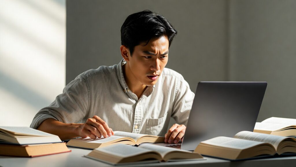 Escolhas que Transformam Seu Futuro: 7 Decisões que Podem Mudar Sua Vida Para Sempre 16 Pessoa estudando com livros e notebook representando crescimento e aprendizado contínuo