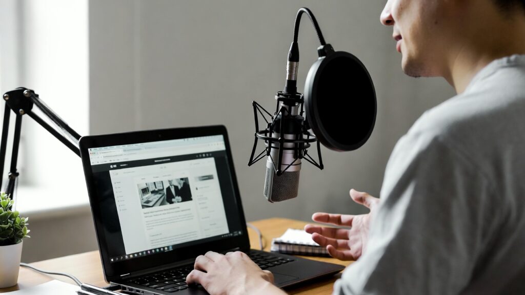 Renda Extra como Afiliado: O Guia Completo para Ganhar Dinheiro Online do Zero 4 Criador de conteúdo gravando vídeo com microfone e notebook aberto