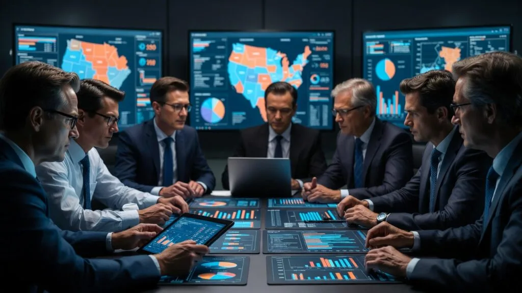 A Postura de Donald Trump: Estratégias, Comunicação e Impacto na Liderança Política 3 equipe política analisando dados de campanha