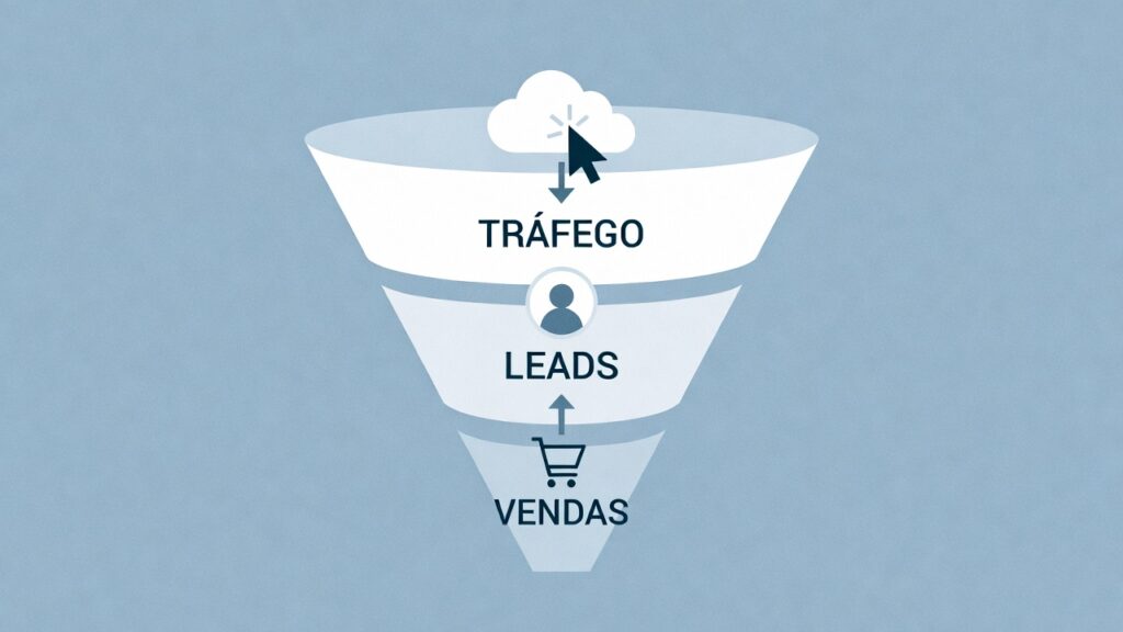 Renda Extra como Afiliado: O Guia Completo para Ganhar Dinheiro Online do Zero 2 Ilustração de funil de vendas digital com etapas tráfego, leads e conversão