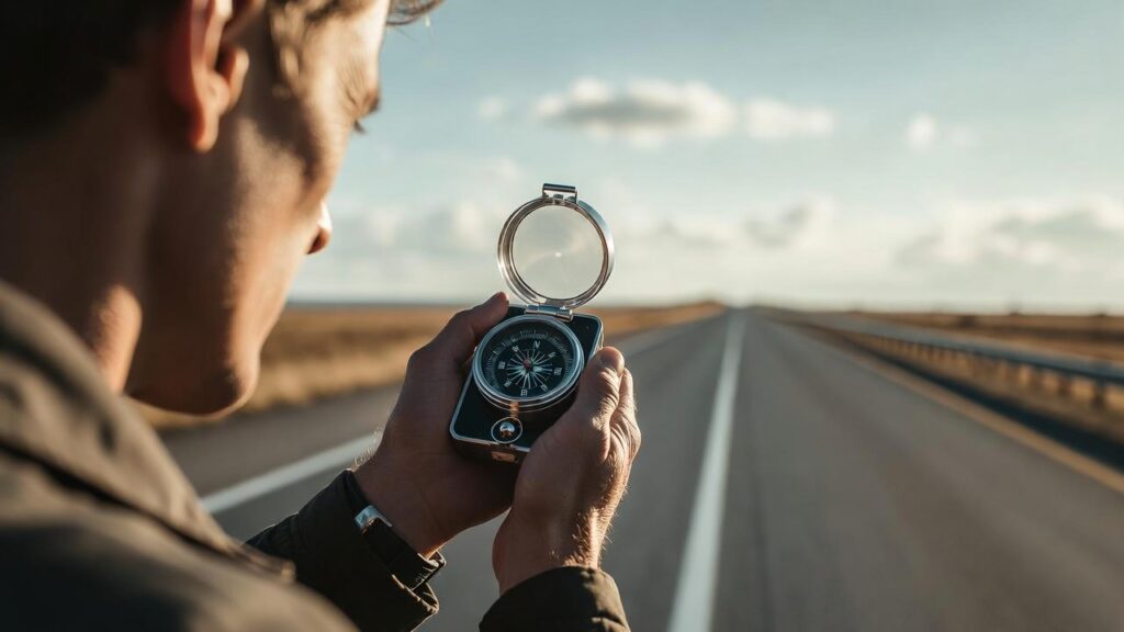 Escolhas que Transformam Seu Futuro: 7 Decisões que Podem Mudar Sua Vida Para Sempre 14 Pessoa segurando uma bússola em estrada longa simbolizando responsabilidade e direção de vida