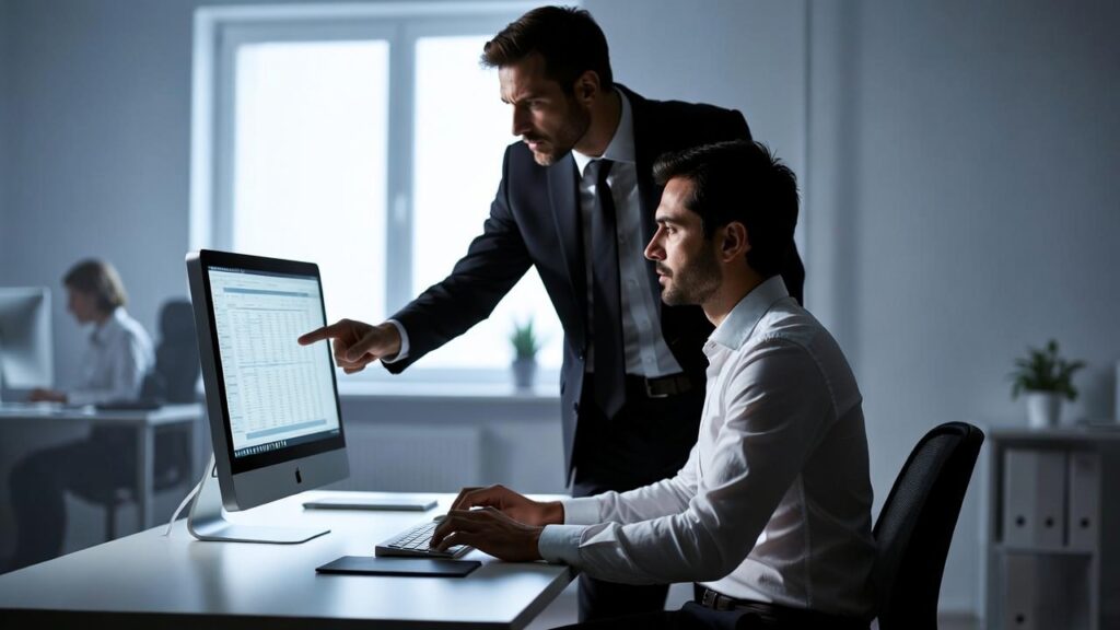 Microgerenciamento Destrutivo: Como Ele Sabota a Produtividade e Enfraquece Equipes de Alta Performance 2 Profissional frustrado sendo supervisionado excessivamente pelo gestor