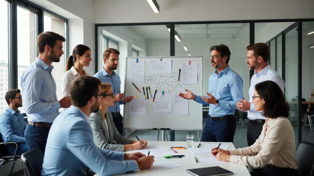 Cultura Organizacional Forte na Prática: 7 Estratégias Para Construir Valores Reais e Não Apenas Declarar Intenções 3 Equipe colaborando em ambiente moderno de trabalho