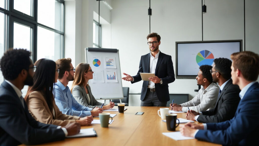 Liderança Estratégica para Gestor Júnior: Como Desenvolver Mentalidade de CEO Desde o Início da Carreira 4 Líder jovem conduzindo reunião com equipe atenta