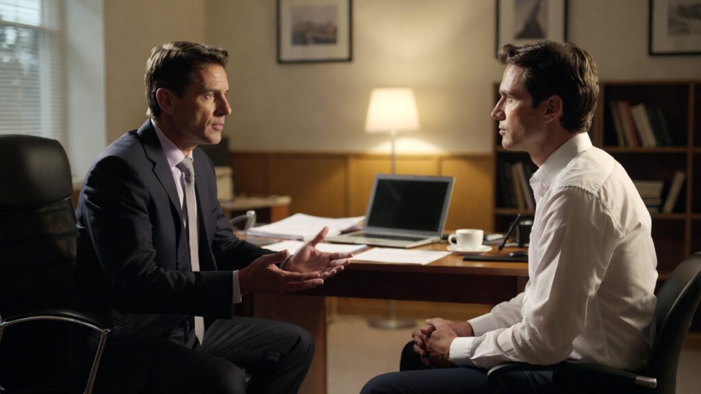 Elton Mayo e a Experiência de Hawthorne: Como a Psicologia Revolucionou a Gestão Empresarial 4 Líder conversando individualmente com colaborador em ambiente profissional moderno