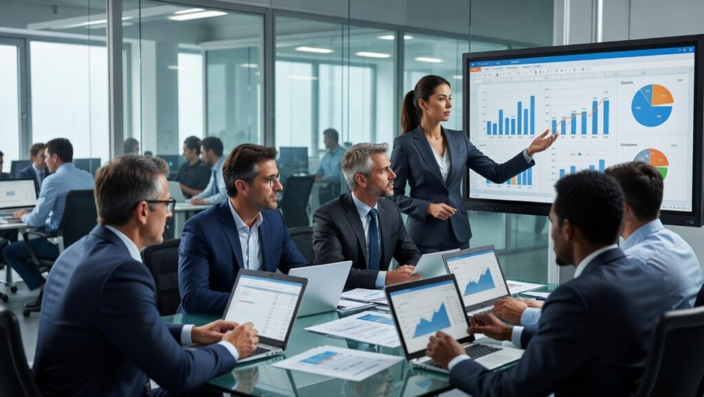 O Futuro da Liderança com Inteligência Artificial: 7 Estratégias Essenciais para Líderes Modernos 2 Equipe analisando dados com inteligência artificial