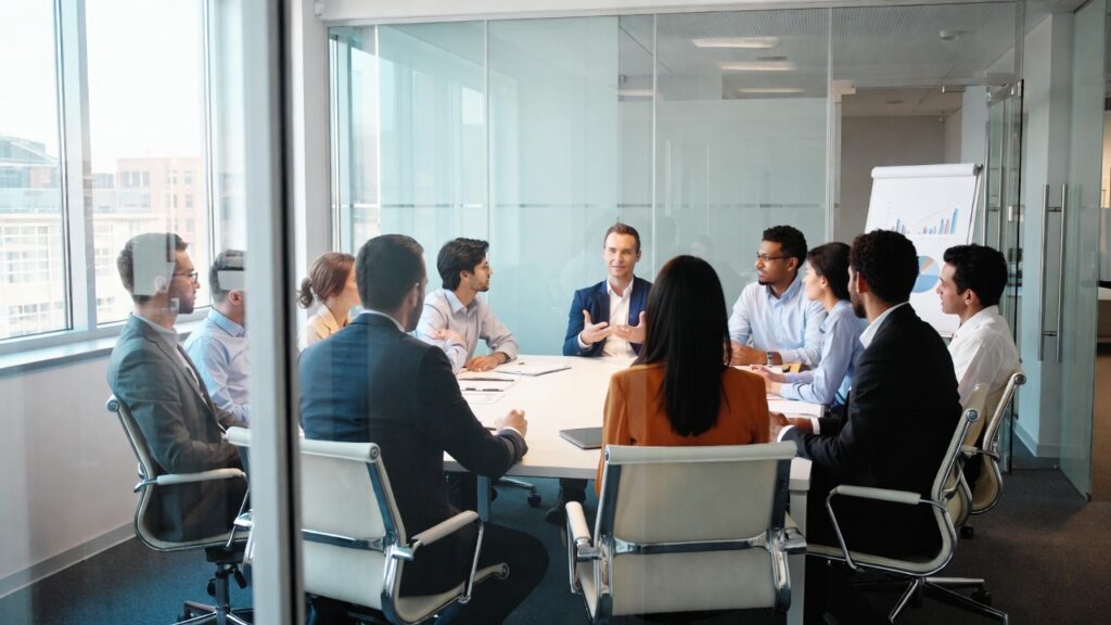 Elton Mayo e a Experiência de Hawthorne: Como a Psicologia Revolucionou a Gestão Empresarial 3 Equipe corporativa moderna reunida aplicando princípios das relações humanas na gestão