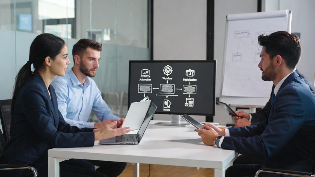 Automação Inteligente nas Empresas: Como o Fim do Trabalho Repetitivo Está Transformando Negócios 4 Equipe empresarial discutindo automação e tecnologia em sala moderna