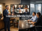 Liderança híbrida digital em equipe mista com texto estratégico